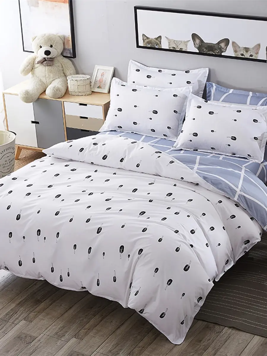 

4Pcs Bedclothes Suit Simple Clear Double Sides Home Supple Bedsheet Set