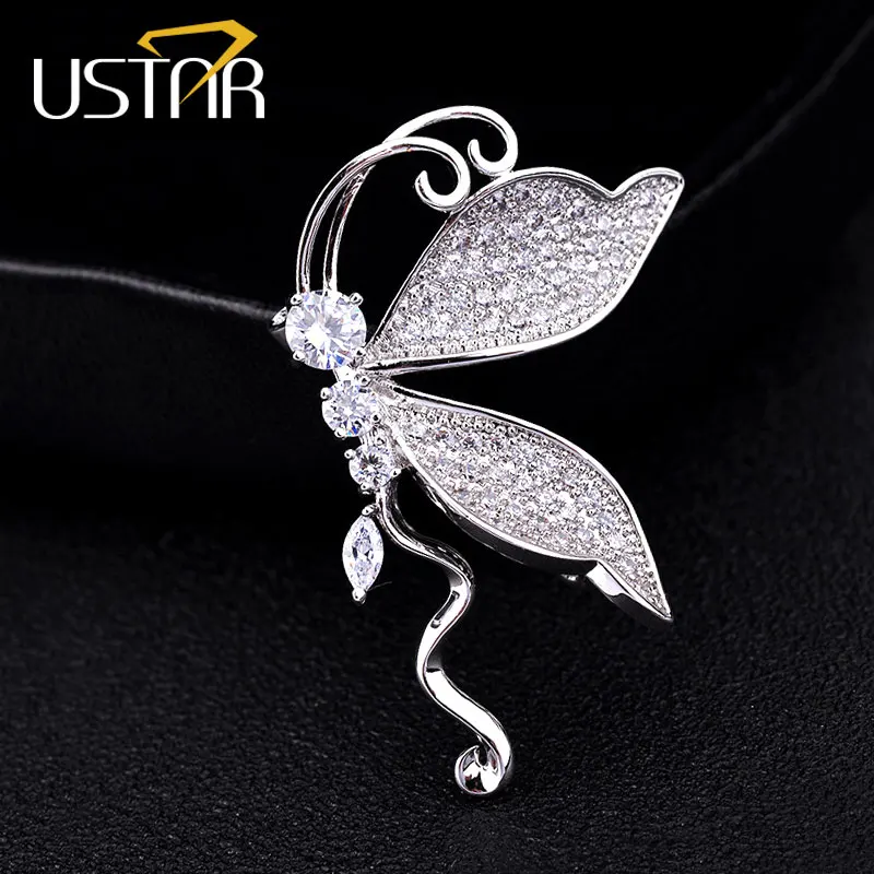 

USTAR Elegant Butterfly Brooches Pins for women with Full Shiny Cubic Zirconia broches brosh Wedding jewelry Bridal Accessories