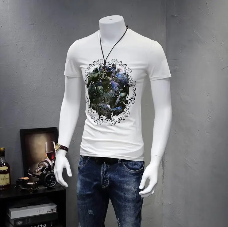 European Style Cotton T font b Shirt b font Bird Printing Short Sleeve Round Collar font