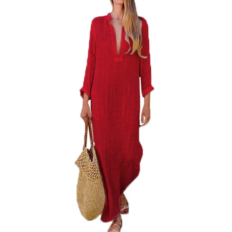 Женское Цыганское Платье халат с длинным рукавом v-образным вырезом этническое Бохо льняное летнее пляжное макси платье - Цвет: Красный