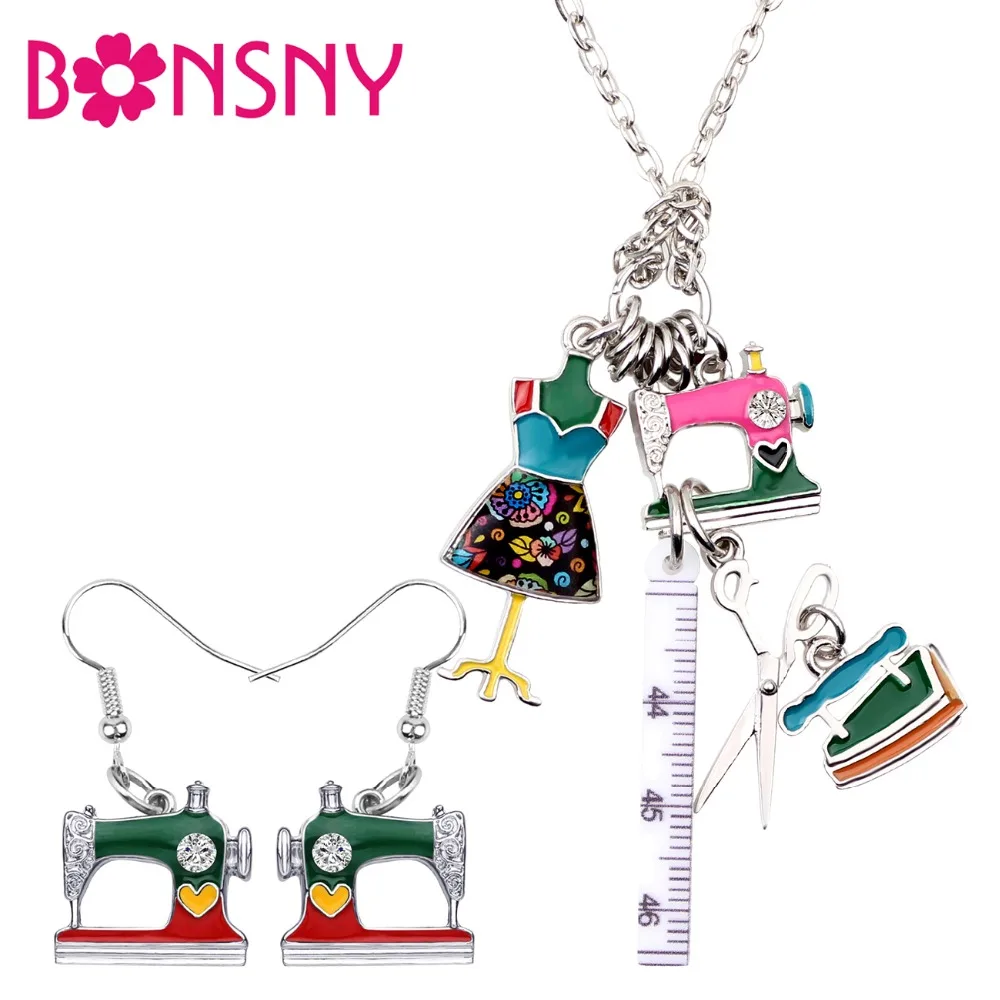 

Bonsny Enamel Alloy Sewing Machine Tools Ruler Scissors Tailor Iron Earrings Necklace Retro Jewelry Sets For Women Girls Gift