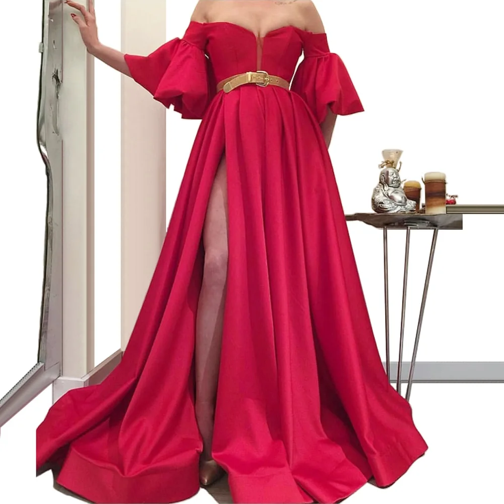 

Newest Red A-Line Long Prom Dress With Sash High Split Off-Shoulder Runaway Ceremony Party Gowns Beach Evening Party Dress
