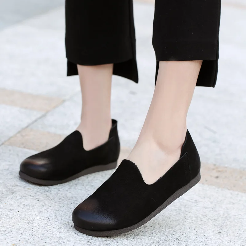 

Women Flats Soft Leather Shoes Lazy Spring 2019 Handmade Women Genuine Leather Flats Black Loafers Women Casual Shoes Retro