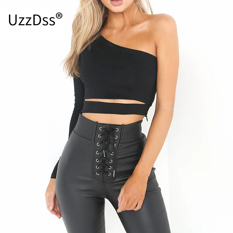 

UZZDSS Summer One Shoulder Asymmetrical T shirt Sexy One Sleeve Oblique Neck Casual Crop Tops Black Slim Shirt Camisetas Mujer