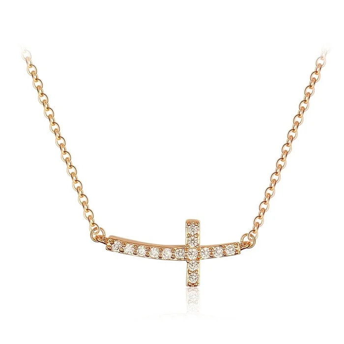 Rose Gold Plated Horizontal Sideway Cross Channel Pave Crystal Slim 