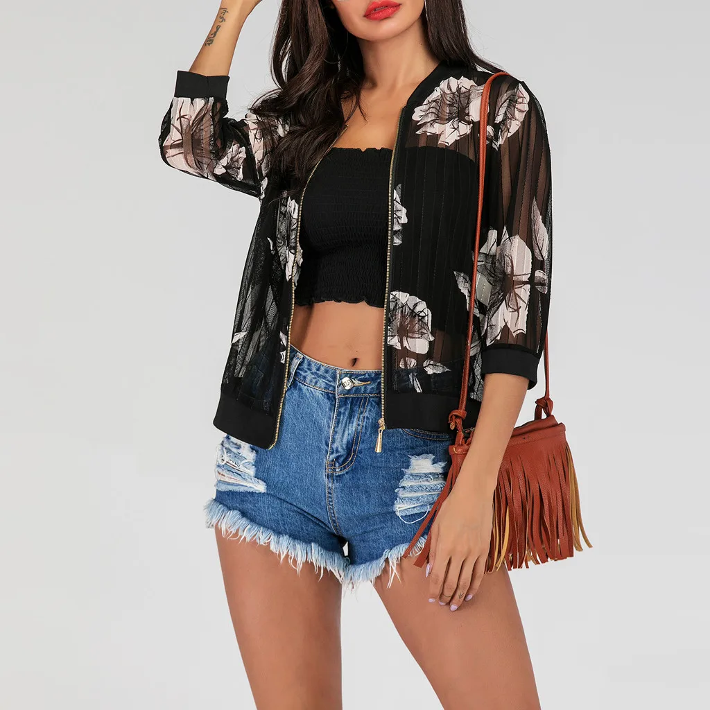 

Sexy Women Transparent Floral Print 3/4 Sleeve Zipper Up Suncreen Slim Jackets Lightweight Summer Thin Spring Tops Blouse Coat 2