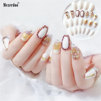

24Pc Coffin Fake Nails Marble Rhinestone Bride Nail Art Tips Full Cover Gold Stripe Long Fingernails Decal False Nails with Glue