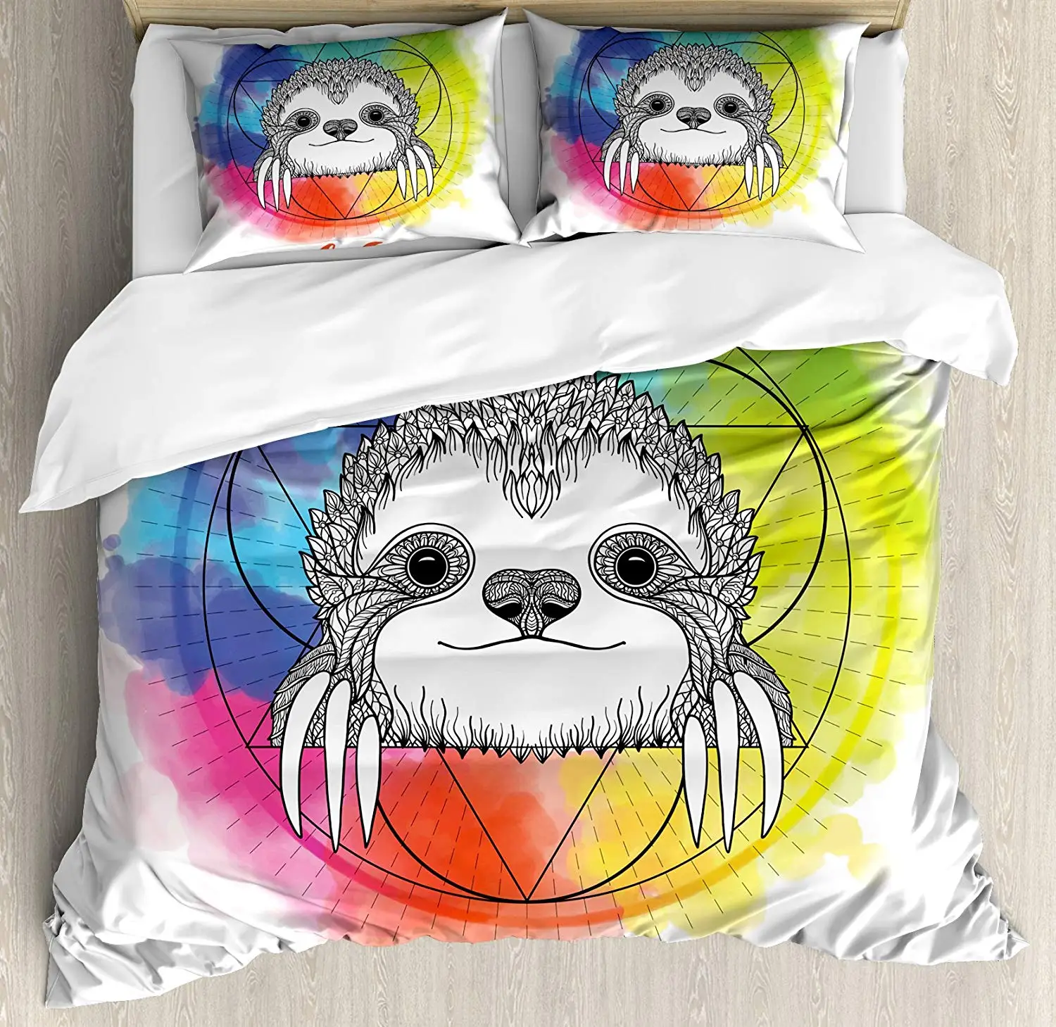 

Humor Decor Duvet Cover Set Rainbow Colored Backdrop Image with Sketchy Happy Smiling Cartoon Sloth Art Bedding Set Queen/Full