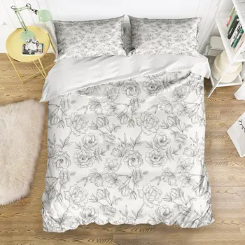 

Duvet Cover Set, White-Black Hand-Painted Flowers Themed Print, 4 Pieces Bedding Sets with Zipper Closure