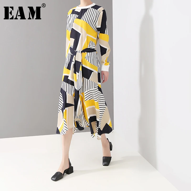 

[EAM] 2019 New Autumn Winter Round Neck Long Sleeve Yellow Striped Split Joint Irrgeular Loose Dress Women Fashion Tide JQ894