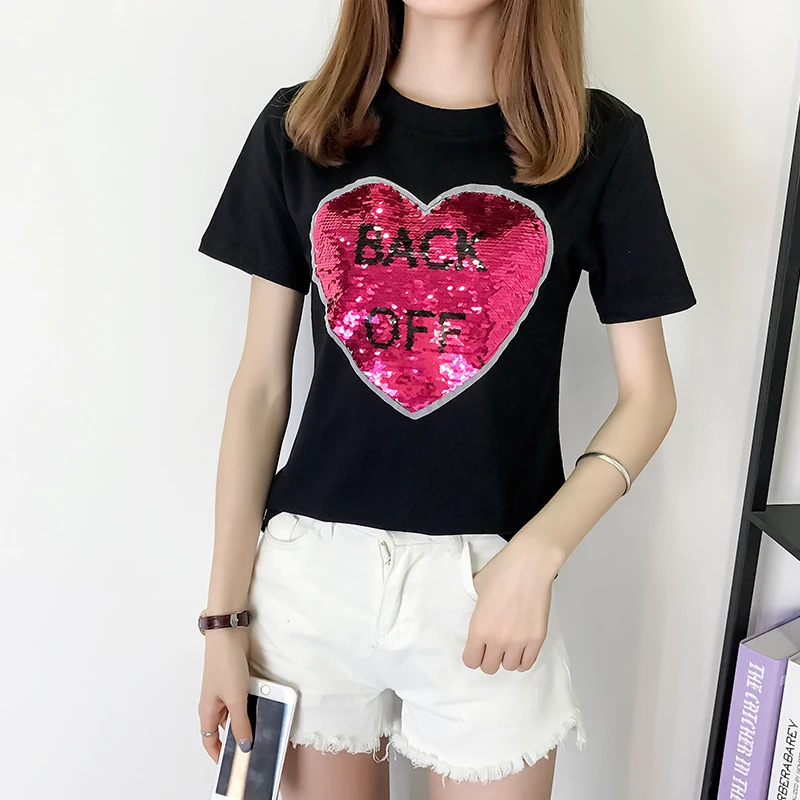 Новинка, двухсторонняя Футболка с блестками, женские эластичные хлопковые топы, цветная футболка с сердцем, белая футболка с круглым вырезом, повседневные женские футболки 292