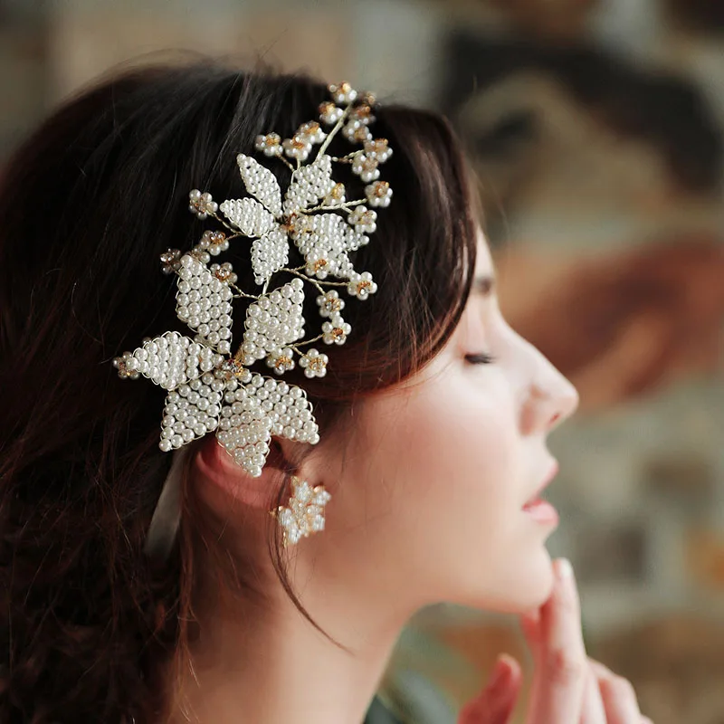 

Floralbride Golden Wired Rhinestones Crystal Pearls Wedding Headband Bridal Hair Vine Hair Accessories Bridesmaids Women Jewelry