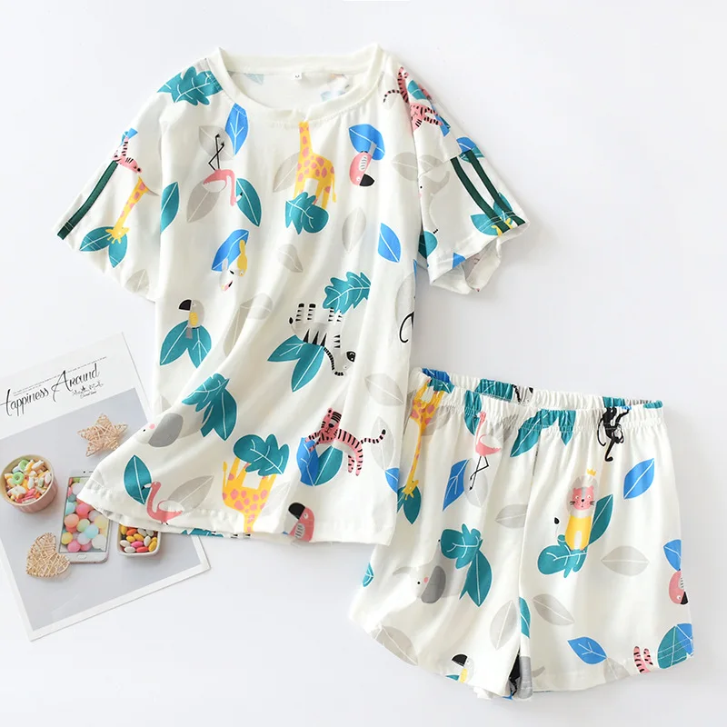 Новые женские пижамные комплекты из хлопка, женские летние шорты с короткими рукавами, пижамный комплект с милым рисунком, домашняя одежда, корейские пижамы