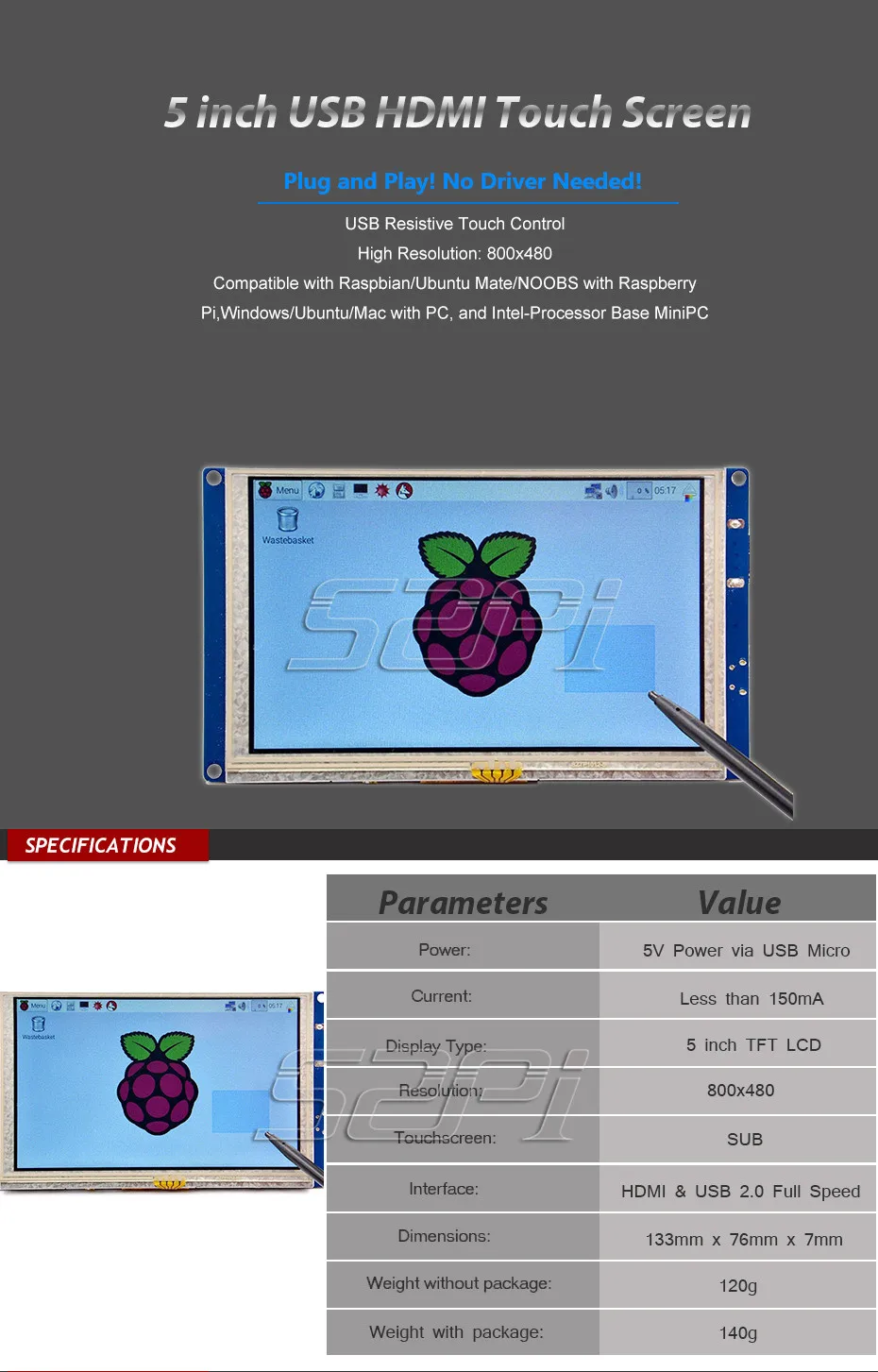 5 дюймов LCD HDMI Сенсорный Экран TFT 800*480 для Banana Pi Малины Pi 3/2 Модель B/B + подключи и играй бесплатно драйвер