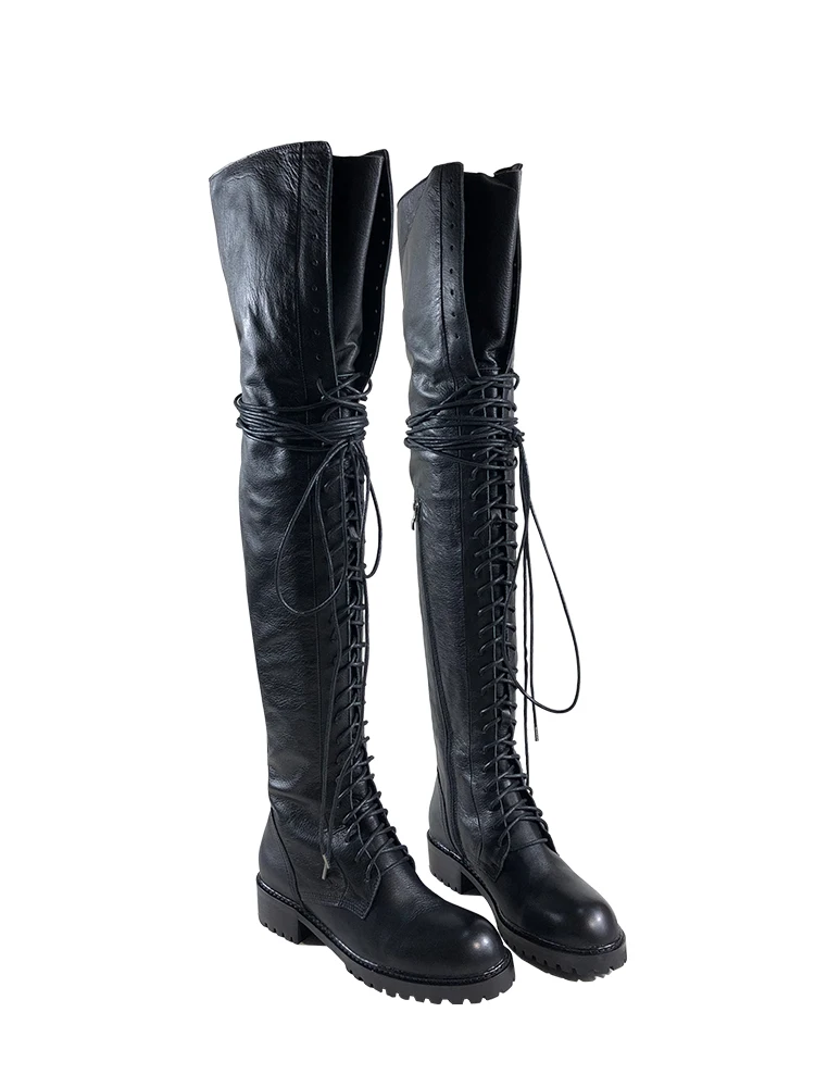 Высокие сапоги до бедра; модная обувь для подиума из натуральной кожи на шнуровке; армейские ботинки для женщин; черные женские ботинки-гладиаторы; роскошные дизайнерские ботинки