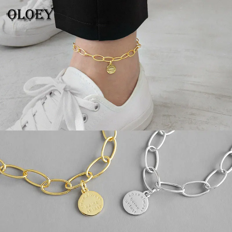 

OLOEY 100% 925 Sterling Silver Anklets for Women Love Letters Tag Barefoot Bracelet Ankle on the Leg Foot Accessories YMA034