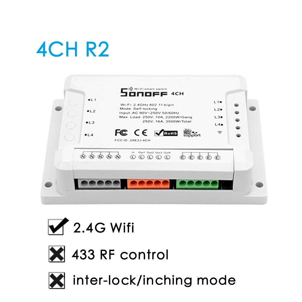 Sonoff 4CH Pro R2 умный Wifi переключатель, 4 комплекта, светильник, 433 МГц, РЧ пульт, Wi-Fi реле, приложение Ewelink с Alexa Google home - Комплект: 4CH R2