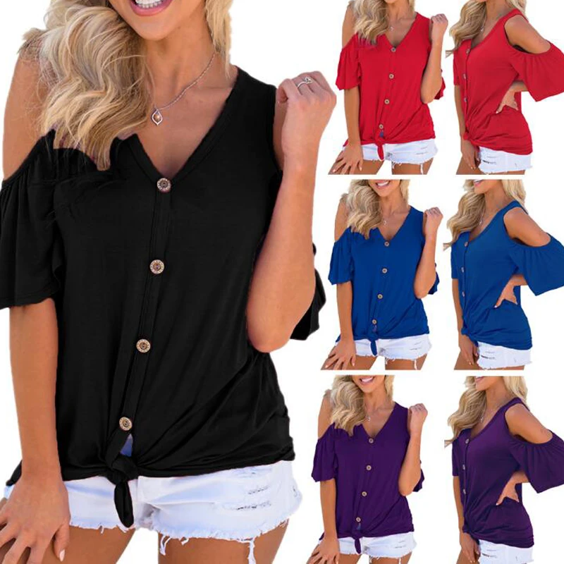

Women Hollow Out Shoulder T-Shirt Cotton V-neck Button Short Sleeve Tees Tops