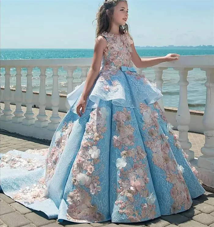 Sky Blue Arabic Princess Flower Girl Dresses for Wedding Ball Gown 3D
