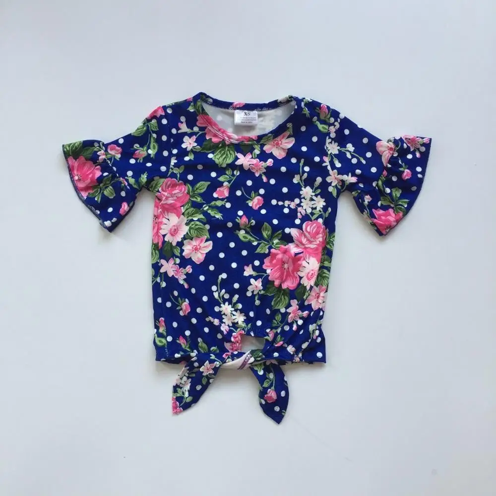 

new arrivals summer baby girls clothes navy polka dot floral flower cotton top shirts raglans boutique tie knot t-shirt kidswear
