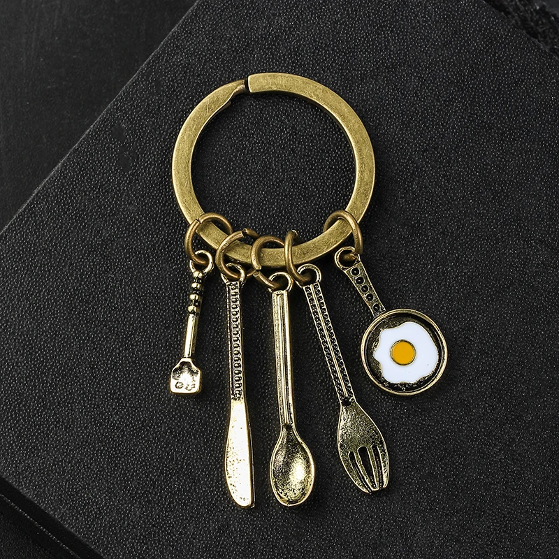 

Creative Kitchen Tools Chef Souvenir Gift Keychain Bronze Soup Spoon Knife Fork Pan Egg Pendant Keychains For Women Mom Trinkets