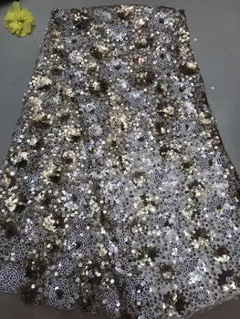 

2019 high quality sequence French Nigerian sequins net lace,African tulle mesh sequence lace fabric for dress 5yards/lot Gold