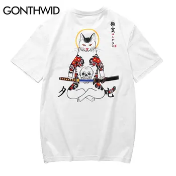 

2019 Japanese Embroidery Hip Hop T-shirt Men Fox Mask Warrior Cat Short Sleeve Oversized T Shirt Men Cotton Tops Tees Streetwear