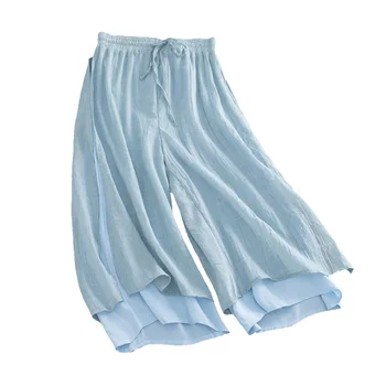 

2019 summer women's black casual loose Wide Leg Pants white Vintage Cotton Linen Capris Elastic High waist Pleated Pants women