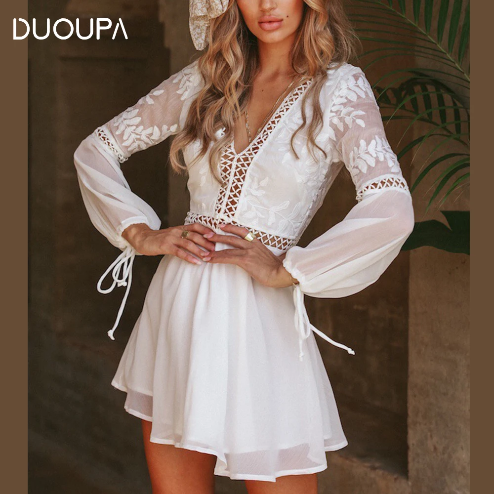 

DUOUPA 2019 European and American New Long-sleeved Organza Stitching V-neck Halter Strap Waist Dress