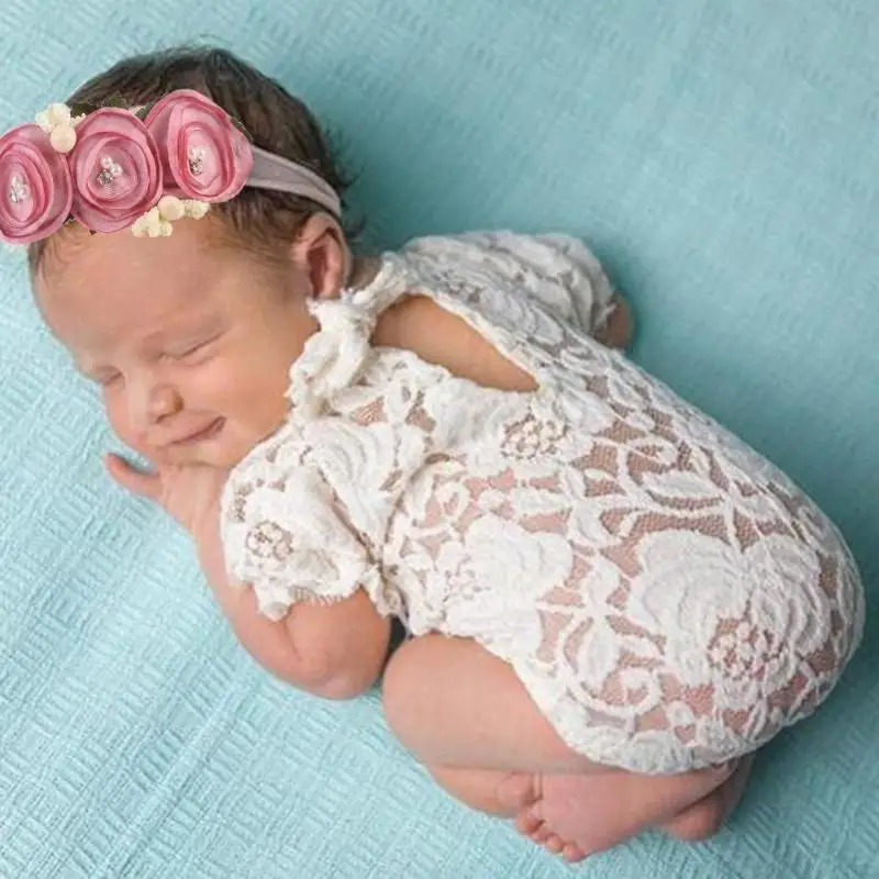 

Cute Baby Girl Lace Romper Flower Headband Photo Prop Child Newborn Photography Props Set Fashion Sweet Girls Fotografia Costume