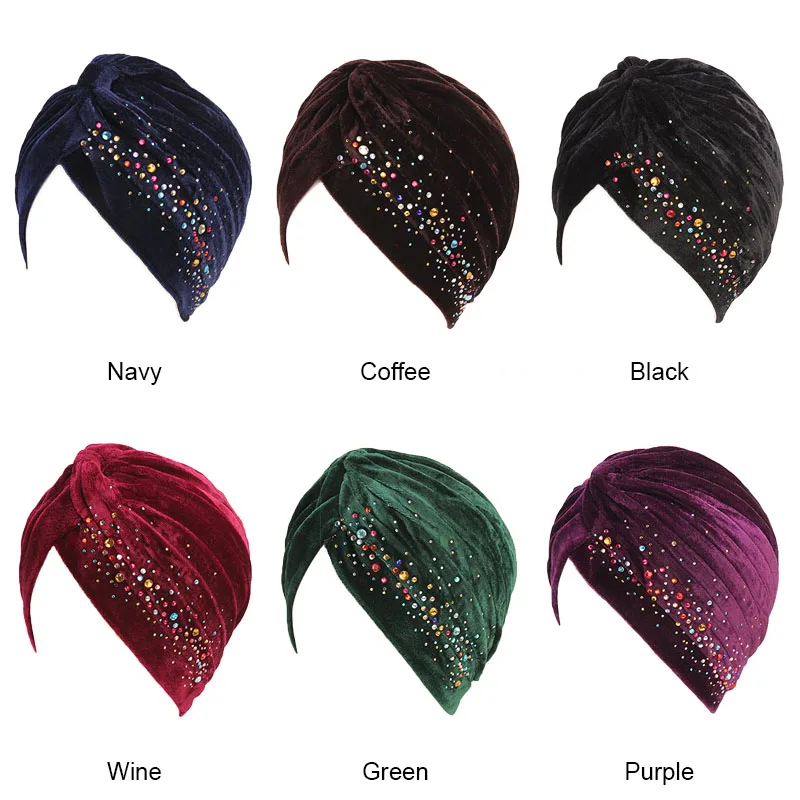 

New Colorful Rhinestone Velvet Turban Muslim Women Headwrap Hijab