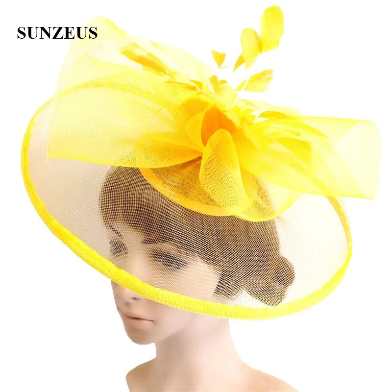 

Big Tulle Hats with Feathers Flower Gorgeous Wedding Hat 2018 Newly Yellow Hats for Prom Dancing Party Hair Accessories SH66