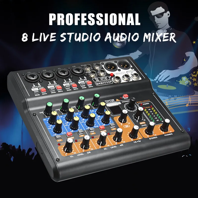 Leory Mini Portable Mixer 8 Channel Professional Live DJ Studio Audio KTV Karaoke Mixer USB Mixing Console 48V for Family KTV Leory Mini Portable Mixer 8 Channel Professional Live DJ Studio Audio KTV Karaoke Mixer USB Mixing Console 48V for Family KTV
