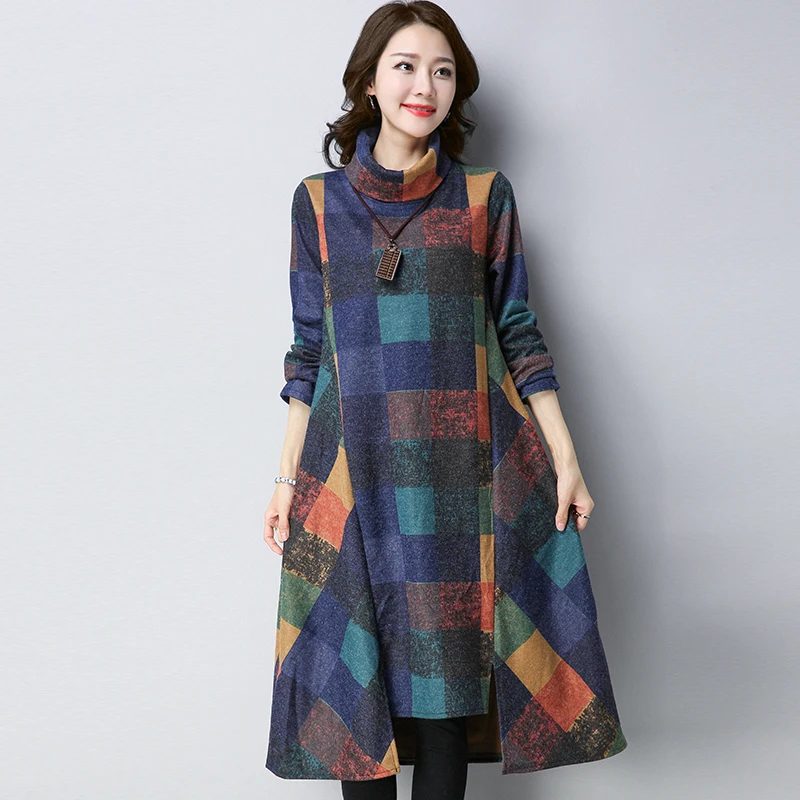 P Ammy Women's Wool Turtle Neck Checkered Irregular Jersey Jumper Dress