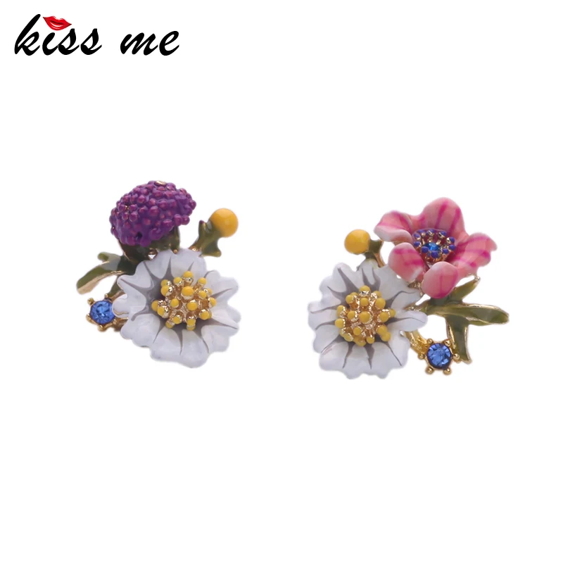 

KISS ME Cute Fashion Multicolor Asymmetric Flowers Earrings Fashion Jewelry Charming Enamel Stud Earrings