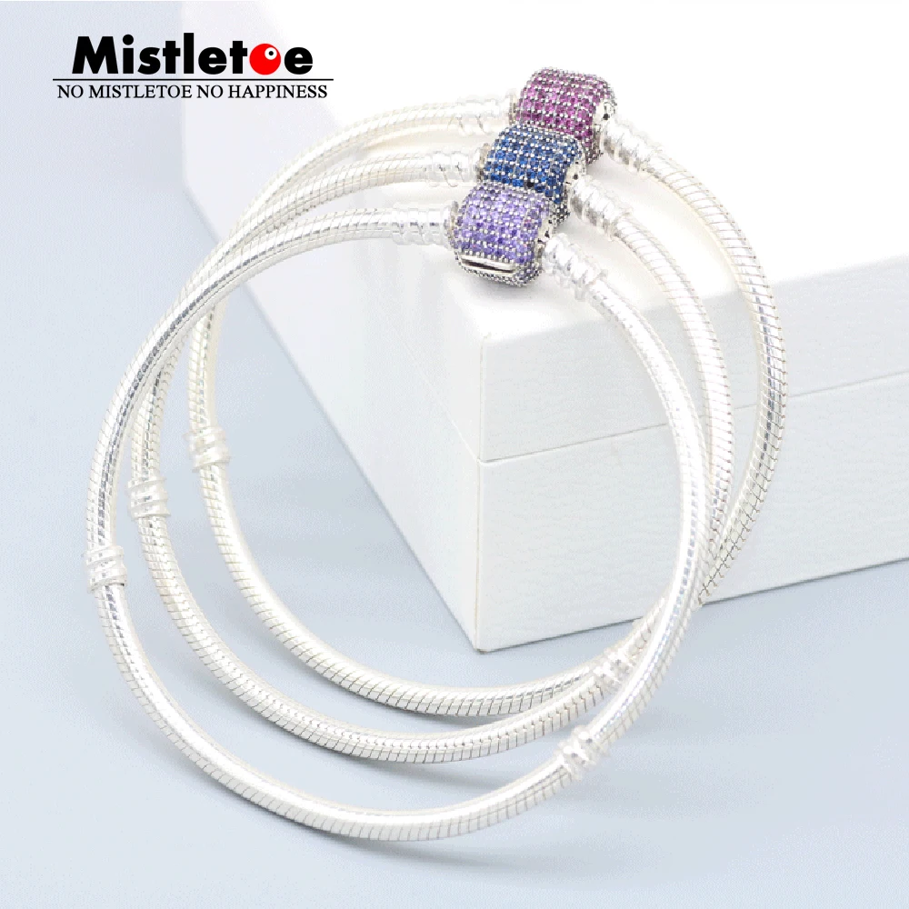 

Authentic 925 Sterling Silver Signature Clasp Bracelet, Fancy Purple Red Blue CZ Women Snake Chain Fit Eurpeon European Jewelry