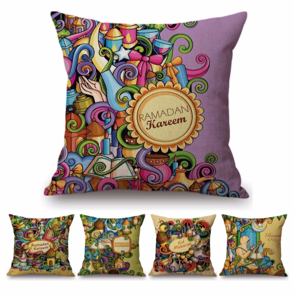

Muslim Islamic Eid Mubarak Ramadan Decoration Sofa Throw Pillow Cover Cute Cartoon Ramadan Kareem Children Gift Cushion Cover