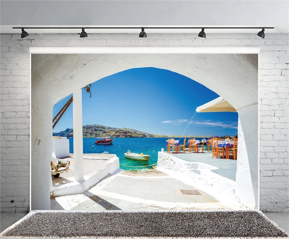 Laeacco  Beach Blue Sky Boats Arch Door Chair Scenic Photography Backgrounds Customized Photographic Backdrops For Photo Studio
