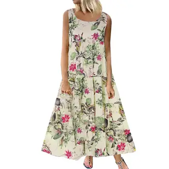 

Plus Size Bohe Women Sundress Vintage Flower Print Sleeveless Round Neck Lady Casual Loose Summer Beach Maxi Long Dress