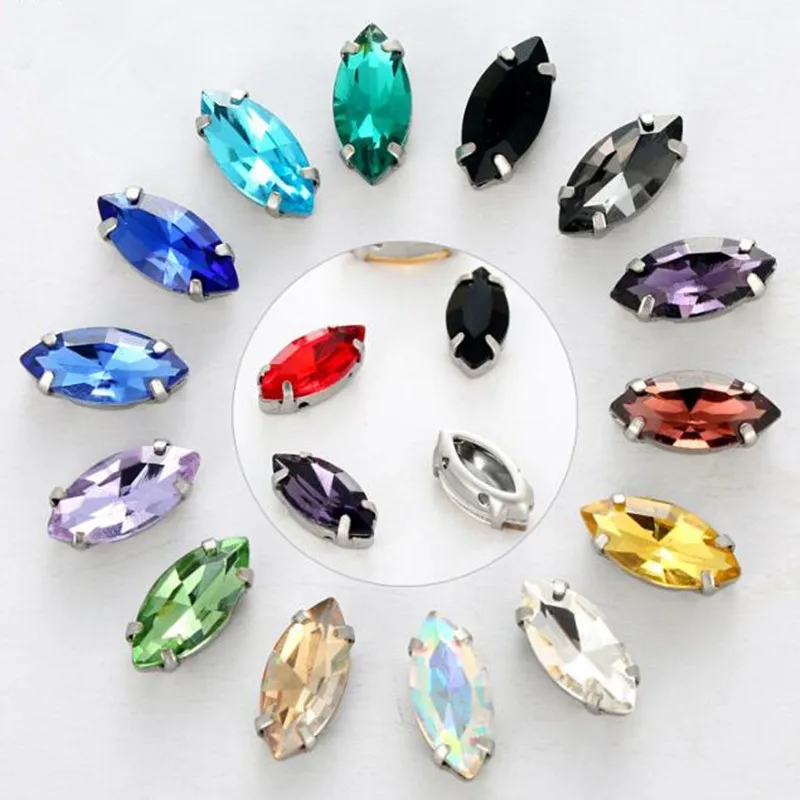 

ALL Normal Colors Navette Glass Crystal Stone with White K Hollow Claw Setting Horse Eye Sew On Rhinestones 6x12,7x15,9x18mm