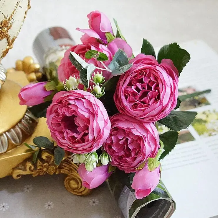 Красивые розы пионы, искусственные шелковые цветы, маленький букет Флорес, для дома, вечерние, весенние, свадебные, свадебные украшения, искусственные цветы - Цвет: Dark Pink