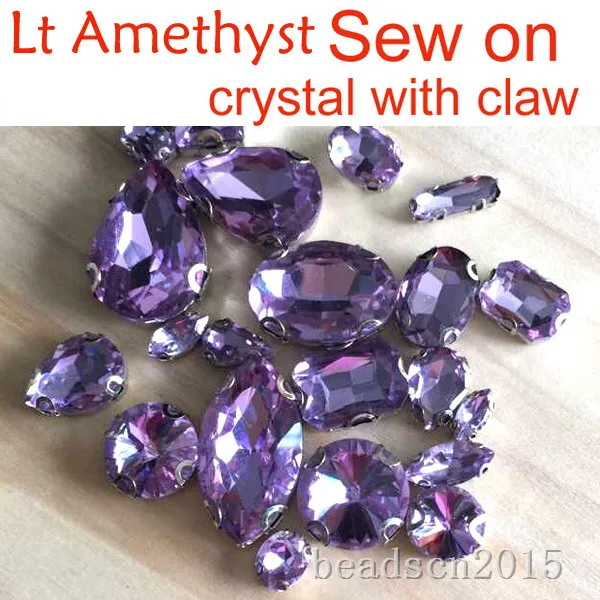 

Sew on Ear/D claw lt violet teardrop/oval/rectangle/navette faceted crystal foiled glass rhinestones Diamantes Gems pk sz&qty
