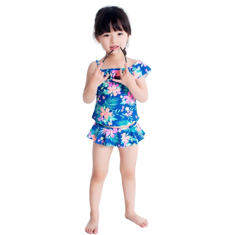 Комплект из двух предметов для девочек, верхняя часть купальника с цветочным принтом, Танкини-спагетти, купальник, детская пляжная одежда, купальный костюм, топ, Комплект трусов для плавания