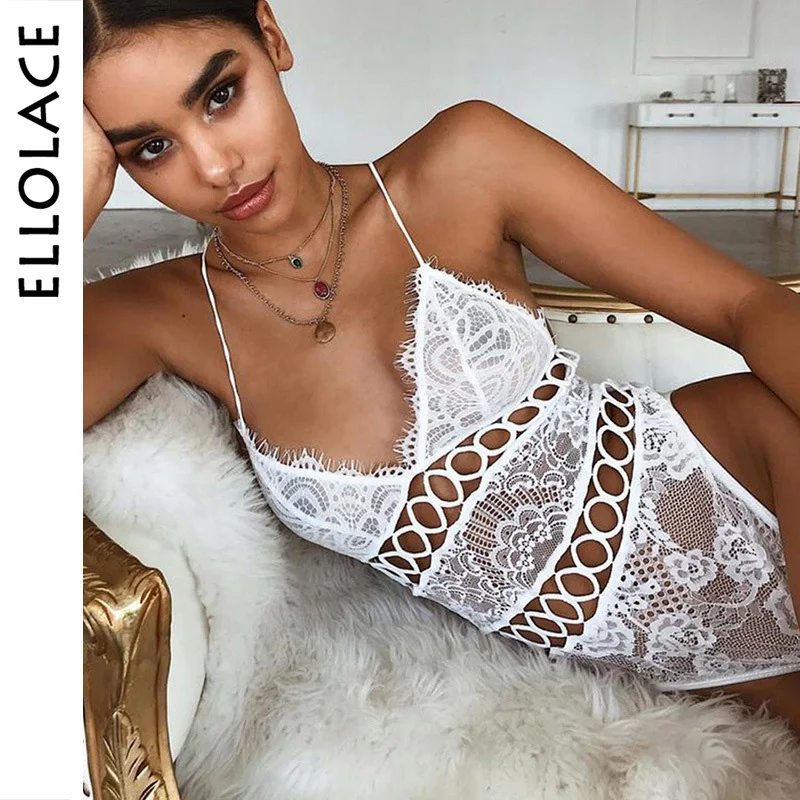 

Ellolace Sexy Bodysuit Hollow Out Deep-V Rompers Bodycon Bodys Summer Overalls Transparent Sleeveless Lady Patchwork Women Bodys