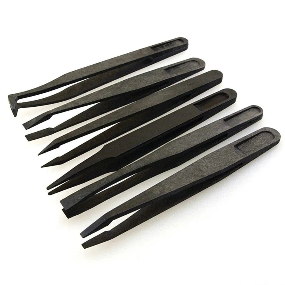 

6PC Precision Tweezer Set Plastic Anti Static Tool Kit Size 1/2/3/5/6/8 Black