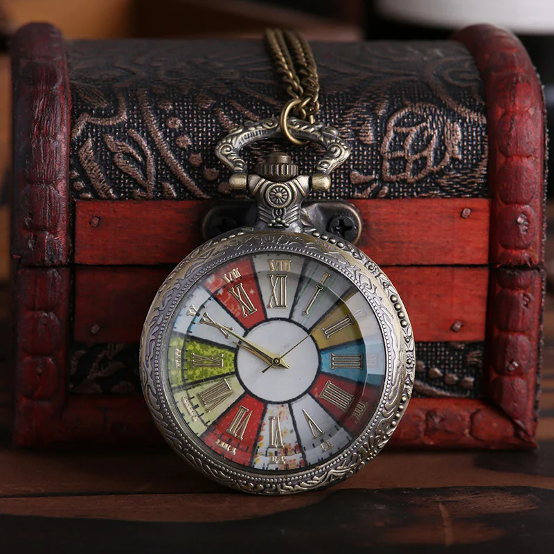 Retro Rome Number Bronze Colorful Dial Quartz Pocket Watch Necklace Pendant