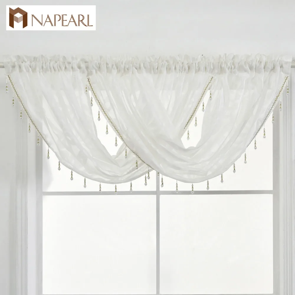 

Beaded Waterfall Valance Pelmet Jacquard Semi-Sheer Curtain window treatment faux linen modern kitchen luxury living room decor