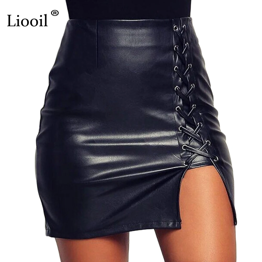

Liooil Black PU Leather Skirt Lace Up High Waist Split Bodycon Pencil Skirt Zipper Rivet Sexy Bandage Winter Mini Skirts Womens