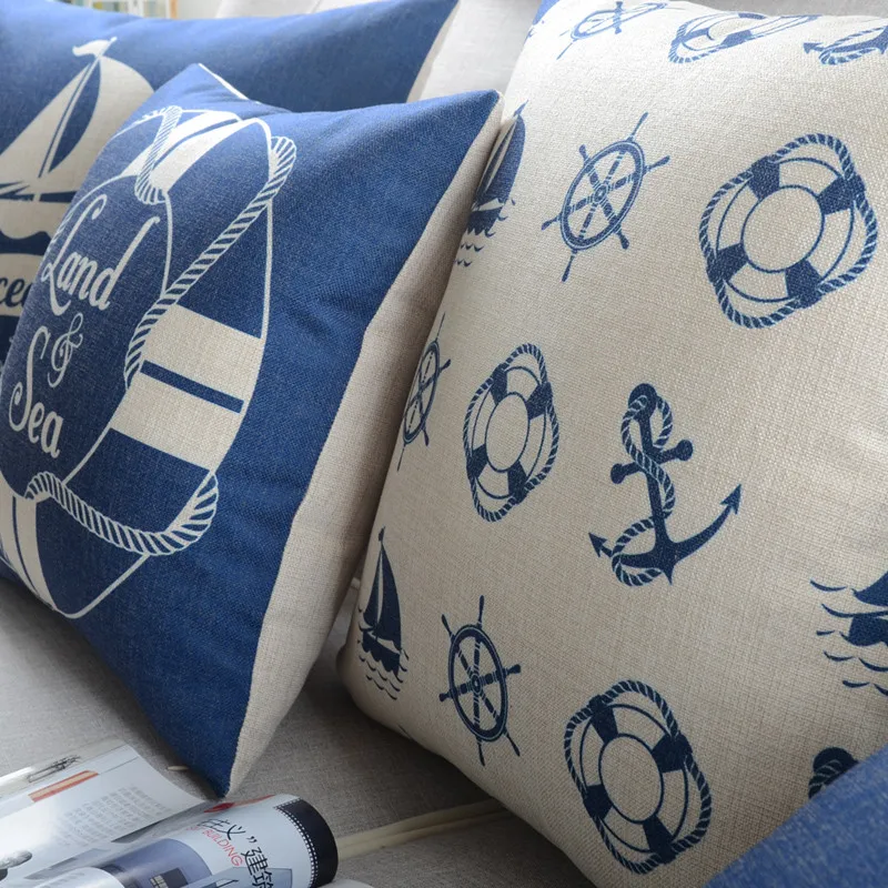 Морской Стиль морской Печатный чехол для подушки с изображением побережья голубого моря якорь парусник декоративная подушка домашний Декор Подушка Чехол