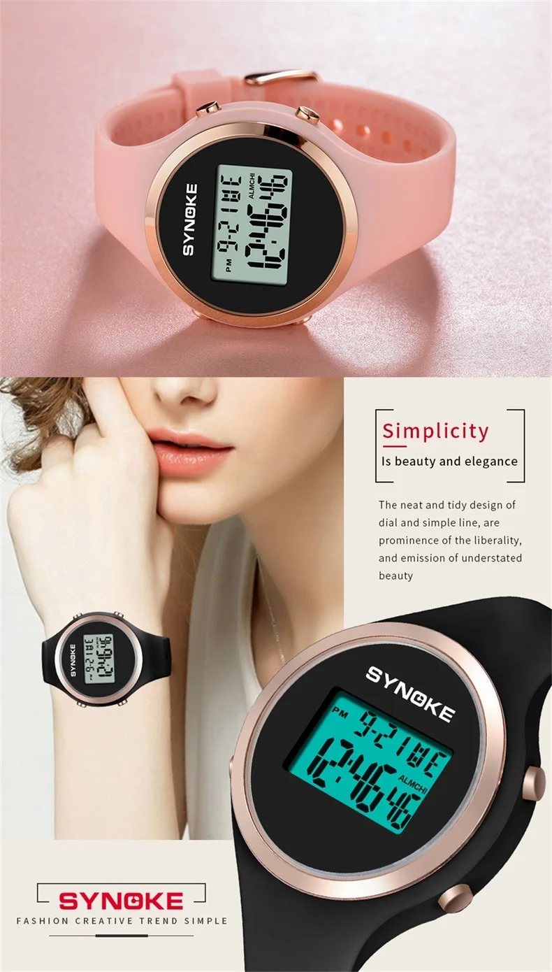 SYNOKE Women Sport Watch Pink Silicone Digital Candy Color Alarm Chronograph Multifunction Fashion Gril Wristwatch